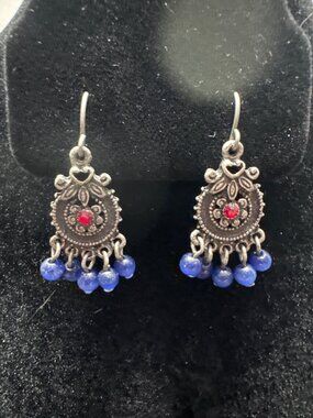 Vintage-Style Silver Dangling Earrings With Red Rhinestone & Blue Beads Boho Chi
